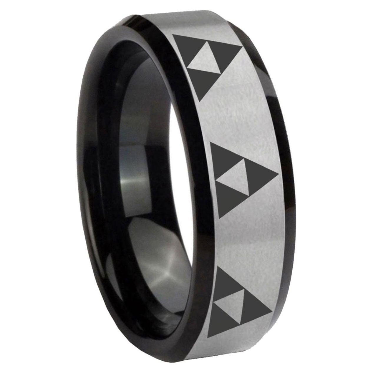 10mm Multiple Zelda Triforce Beveled Brushed Silver Black Tungsten Mens Ring