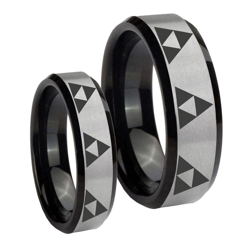 Multiple Zelda Triforce Beveled Brush Black 2 Tone Tungsten Couple Wedding Bands