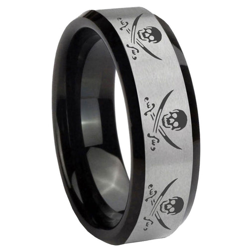 10mm Multiple Skull Pirate Beveled Brushed Silver Black Tungsten Promise Ring