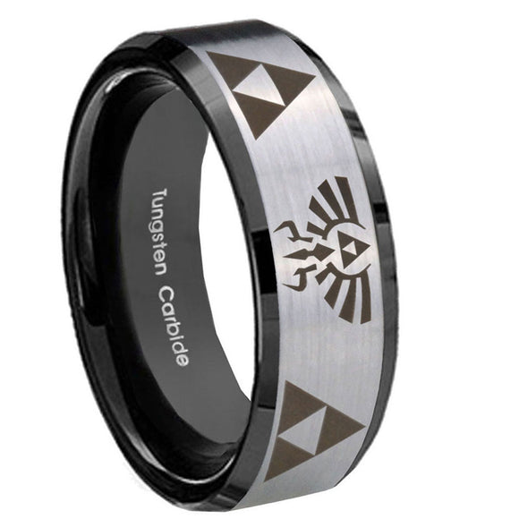10mm-Legend-of-Zelda-Beveled-Edges-Brushed-Silver-Black-Tungsten-Engraved-Ring