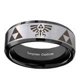 10mm-Legend-of-Zelda-Beveled-Edges-Brushed-Silver-Black-Tungsten-Engraved-Ring