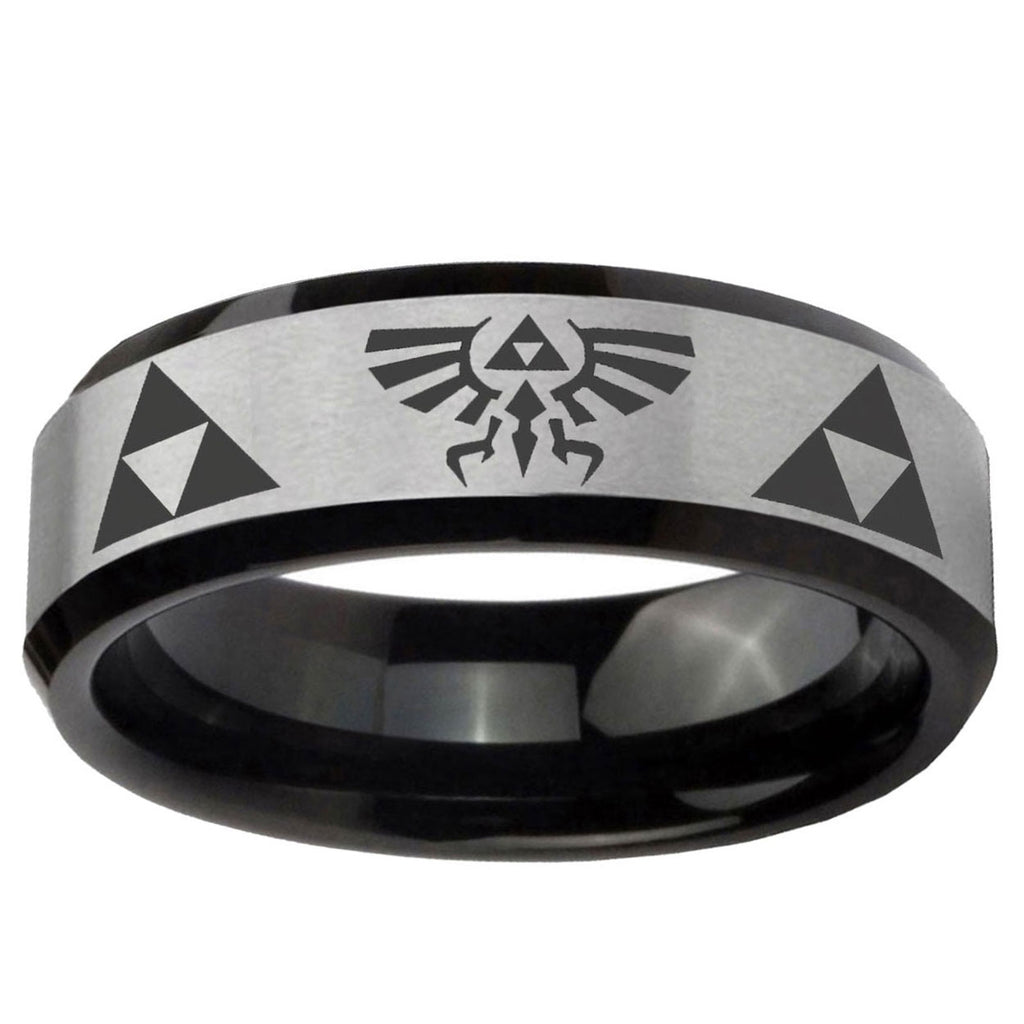 10mm Legend of Zelda Beveled Edge Brushed Silver Black Tungsten Engraved Ring