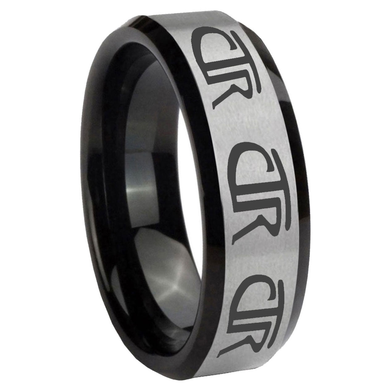 10mm Multiple CTR Beveled Edges Brushed Silver Black Tungsten Carbide Mens Ring