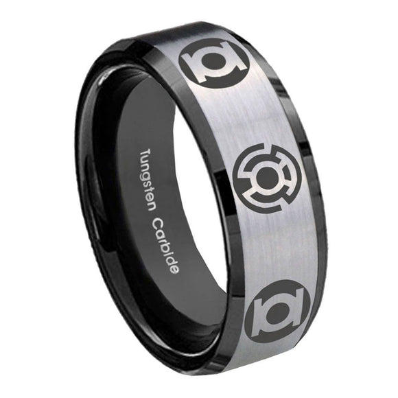 8mm Blue Green Lantern Beveled Edge Black Silver Engraved Rings For Him
