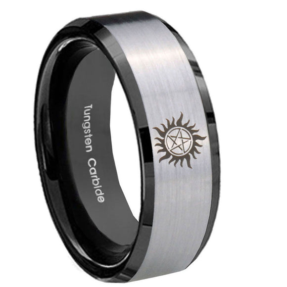 8mm Supernatural Beveled Edge Black Silver Tungsten Carbide Wedding Bands