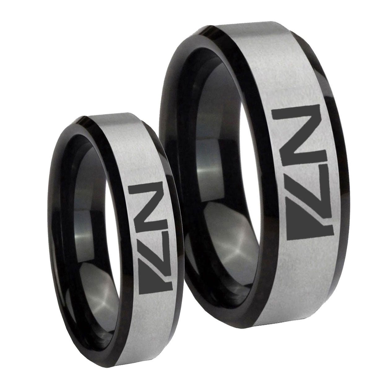 N7 Design Beveled Brush Black 2 Tone Tungsten Bridal Set Rings