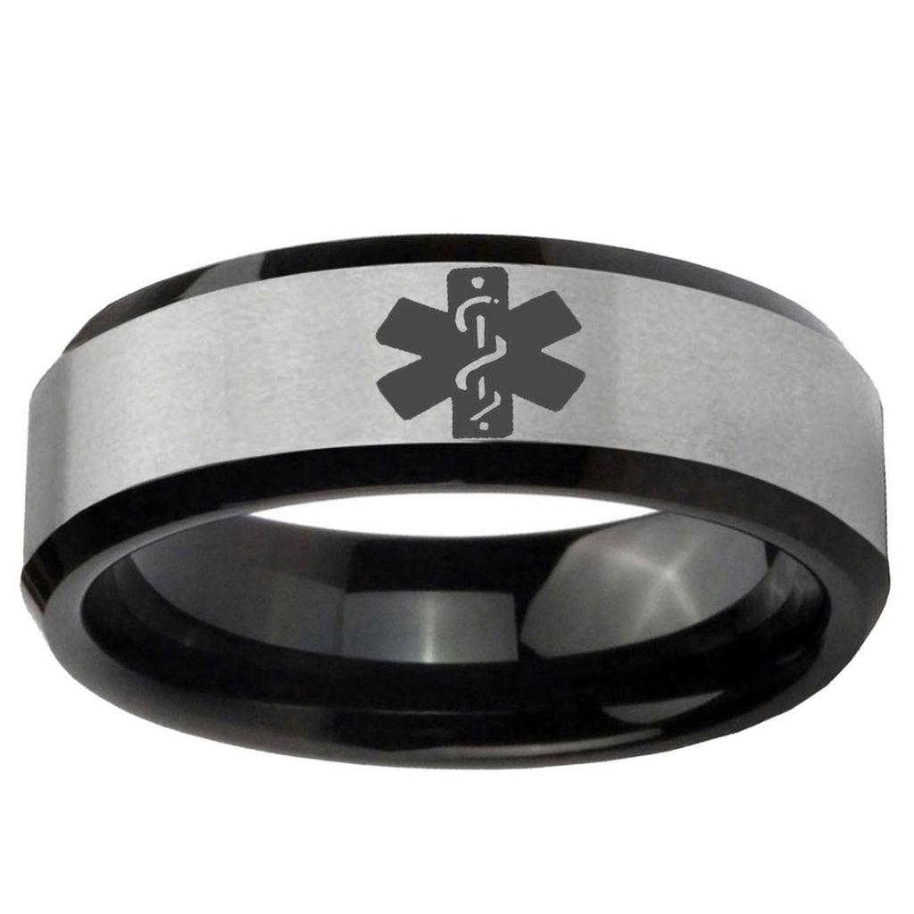 10mm Medical Alert Beveled Brushed Silver Black Tungsten Men's Engagement Band