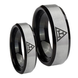 His Hers Masonic Triple Beveled Brush Black 2 Tone Tungsten Ring Set