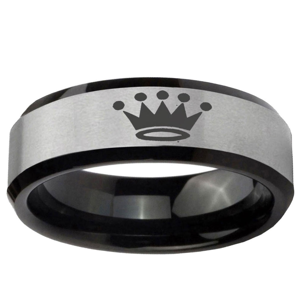 10mm Crown Beveled Edge Brushed Silver Black Tungsten Custom Ring for Men