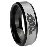 8mm Flamed Cross Beveled Edges Brush Black 2 Tone Tungsten Carbide Bands Ring