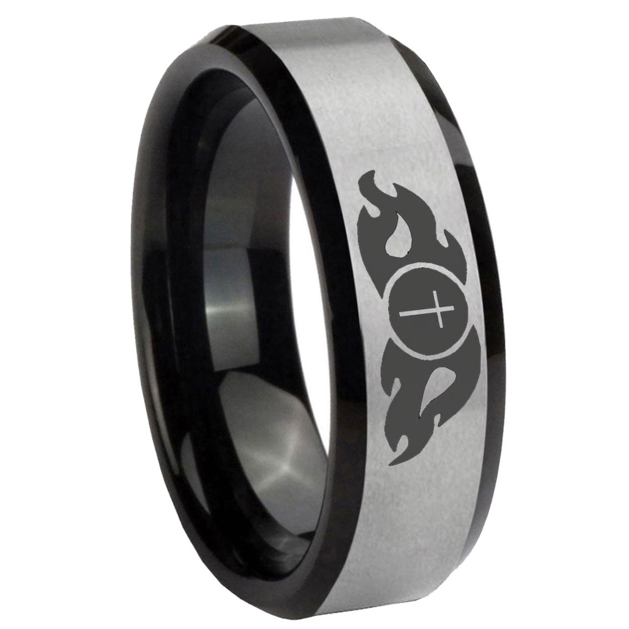 10mm Flamed Cross Beveled Brushed Silver Black Tungsten Wedding Bands Ring