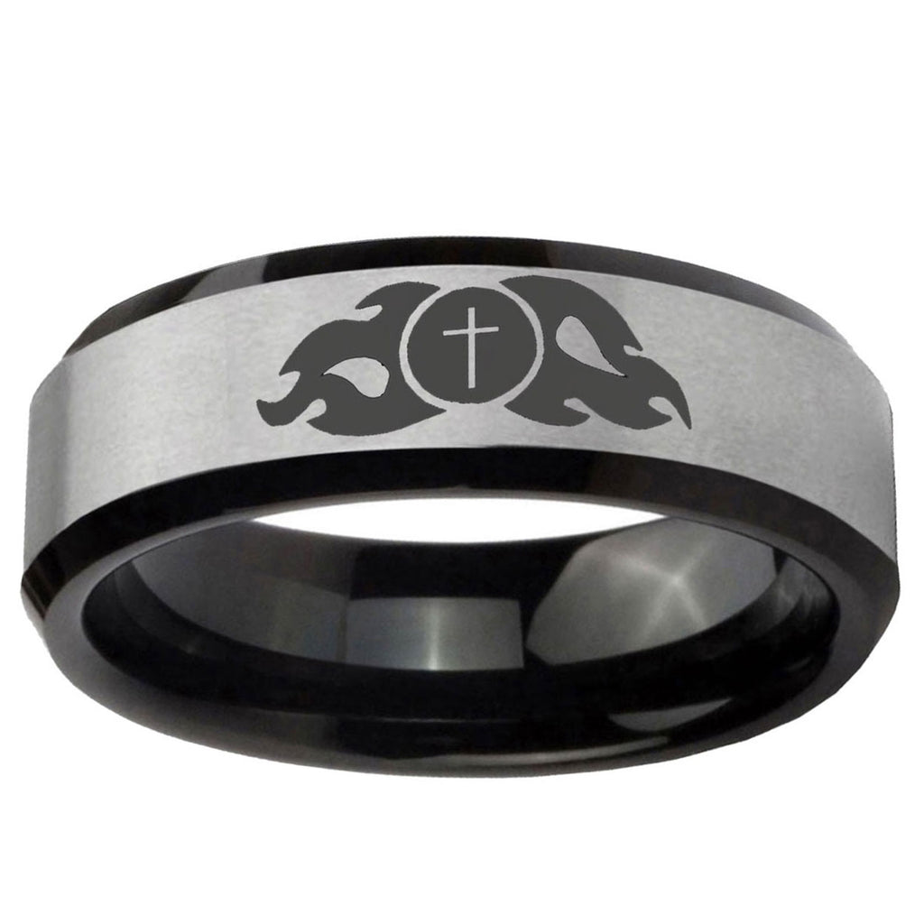 10mm Flamed Cross Beveled Brushed Silver Black Tungsten Wedding Bands Ring