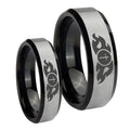 Flamed Cross Beveled Brush Black 2 Tone Tungsten Wedding Band Set