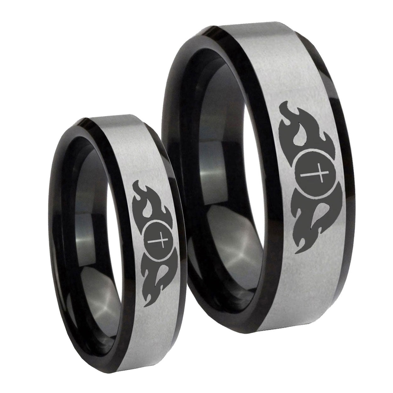 Flamed Cross Beveled Brush Black 2 Tone Tungsten Wedding Band Set