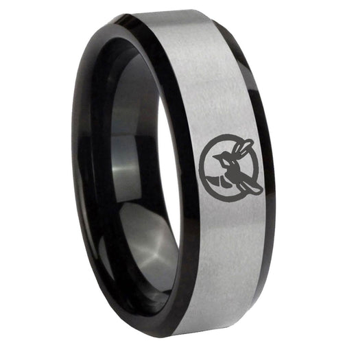 10mm Honey Bee Beveled Edges Brushed Silver Black Tungsten Personalized Ring