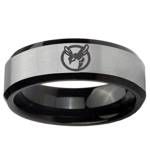 10mm Honey Bee Beveled Edge Brushed Silver Black Tungsten Ring