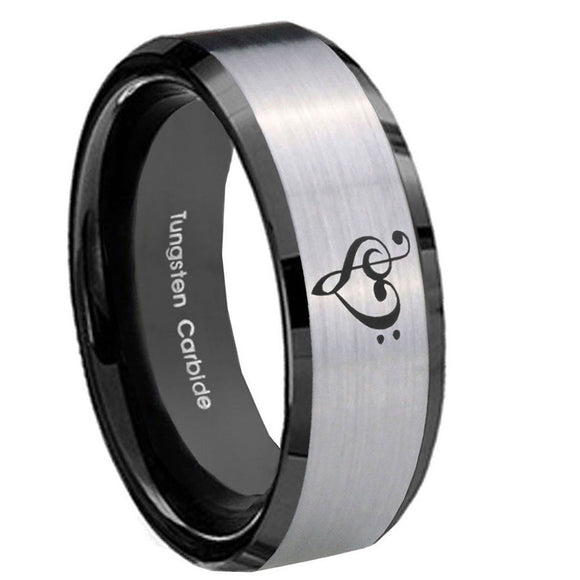 10mm-Music-&-Heart-Beveled-Edges-Brushed-Silver-Black-Tungsten-Men's-Band-Ring