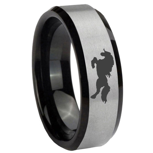 10mm Horse Beveled Edges Brushed Silver Black Tungsten Carbide Engagement Ring