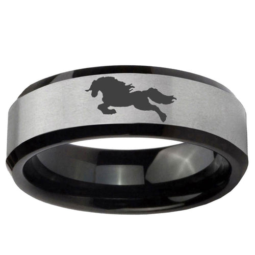 10mm Horse Beveled Edge Brushed Silver Black Tungsten Ring