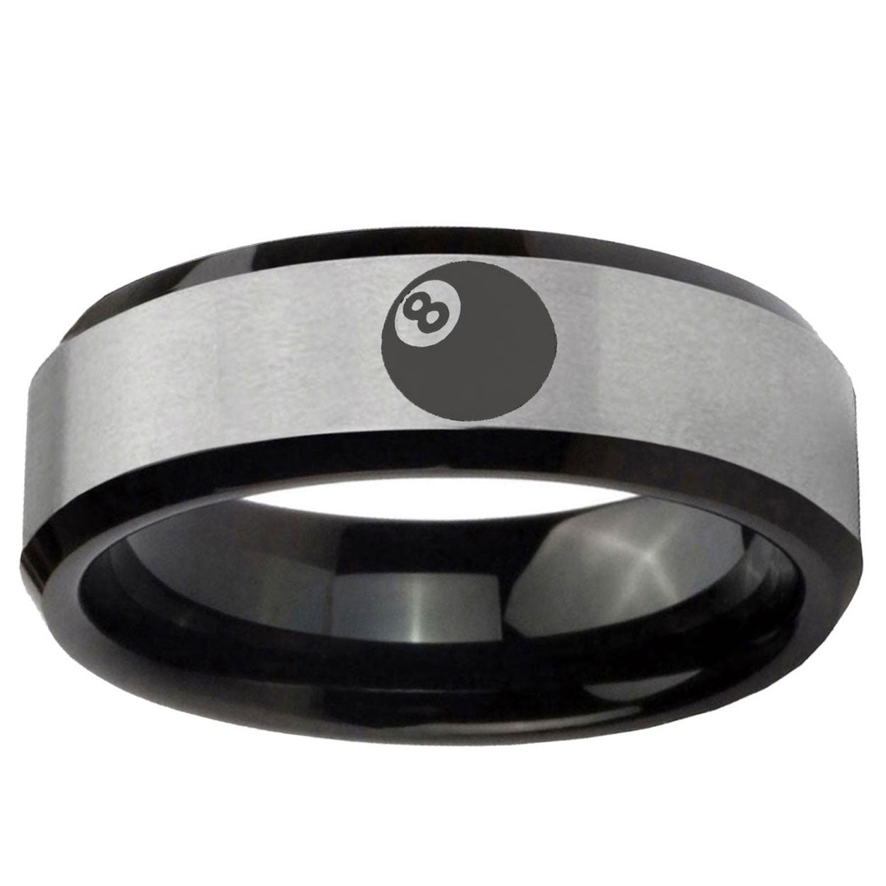 10mm 8 Ball Beveled Edge Brushed Silver Black Tungsten Mens Engagement Ring