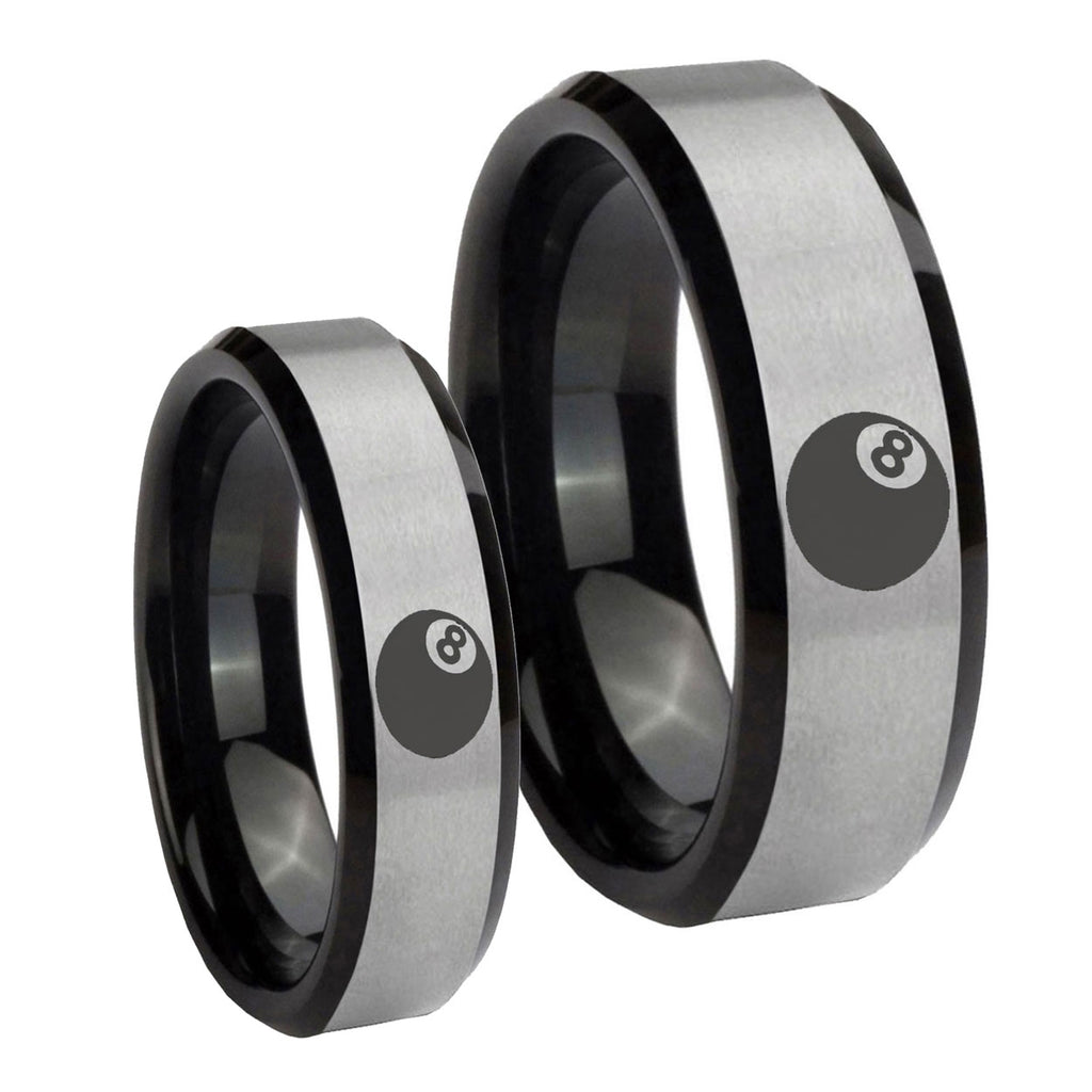 8 Ball Beveled Edges Brush Black 2 Tone Tungsten Bridal Set Rings