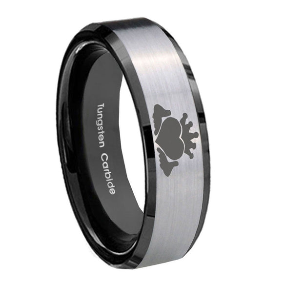 8mm-Claddagh-Design-Beveled-Brush-Black-2-Tone-Tungsten-Men's-Wedding-Ring