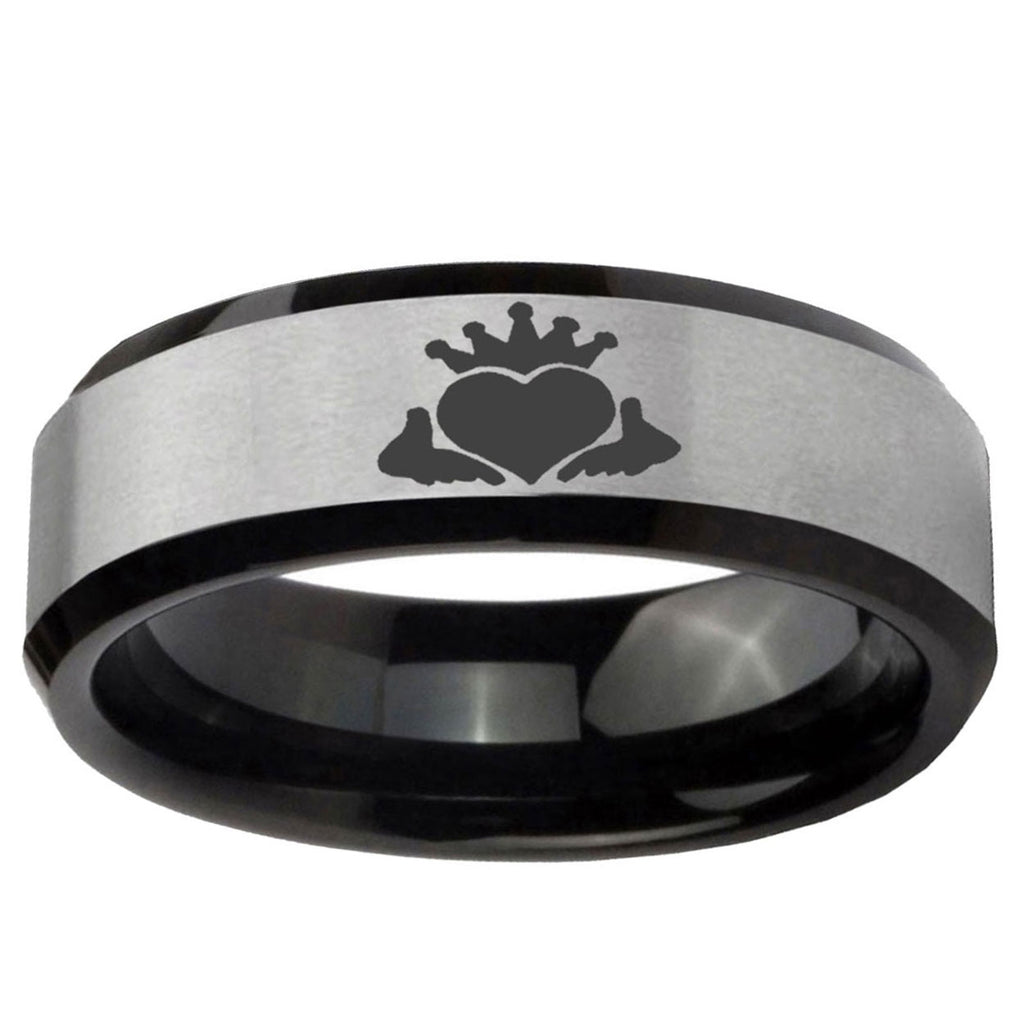 5mm Claddagh Design Two-Tone Beveled Gray Black Tungsten Wedding Ring