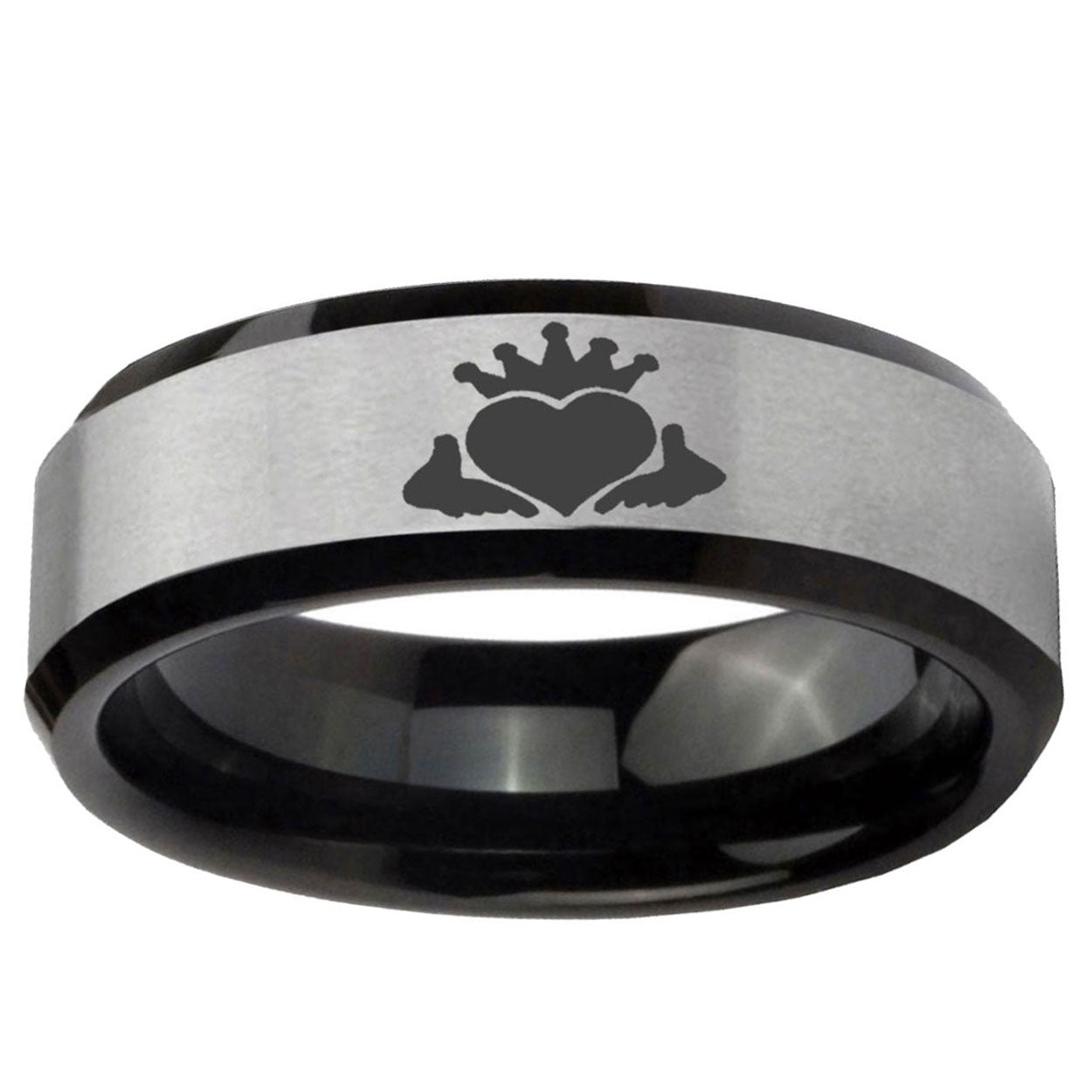5mm Claddagh Design Two-Tone Beveled Gray Black Tungsten Wedding Ring