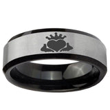 10mm Claddagh Design Beveled Brushed Silver Black Tungsten Ring
