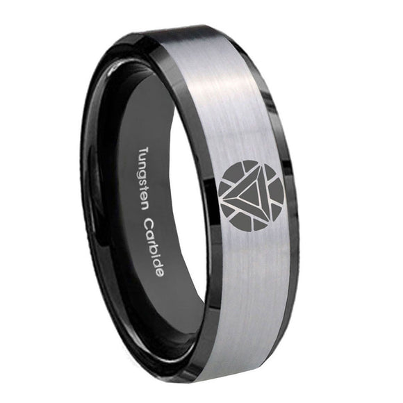 8mm Iron Man Art Reactor Beveled Edge Black Silver  Wedding Bands For Him