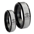 Kanji Prayer Beveled Brush Black 2 Tone Tungsten His Hers Set Rings