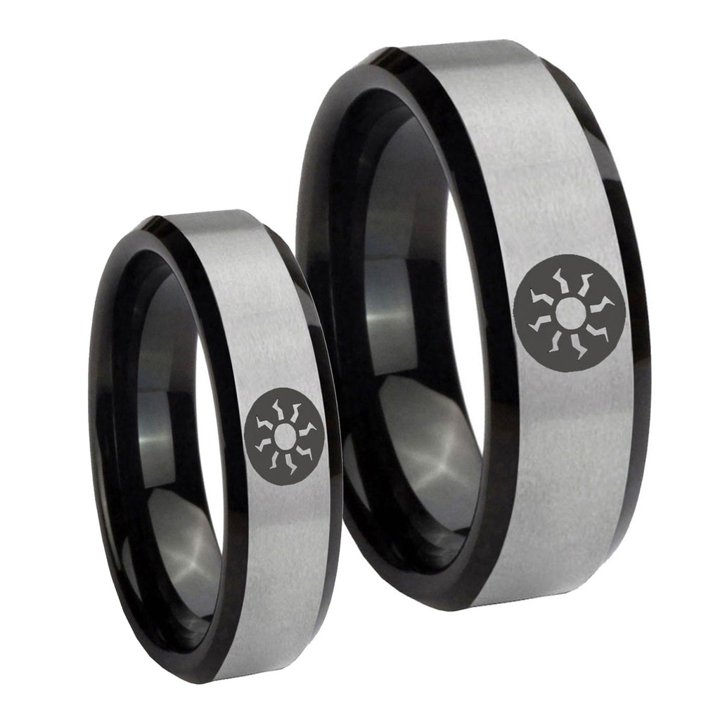 Magic The GatheRing Beveled Brush Black 2 Tone Tungsten Wedding Ring Set