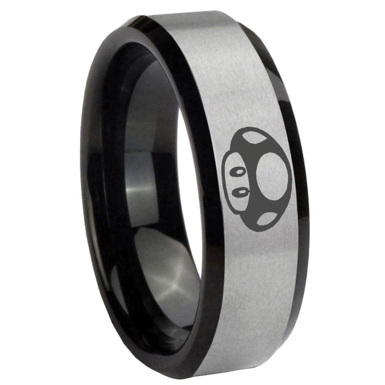 10mm Mario Mushroom Beveled Brushed Silver Black Tungsten Wedding Band Ring