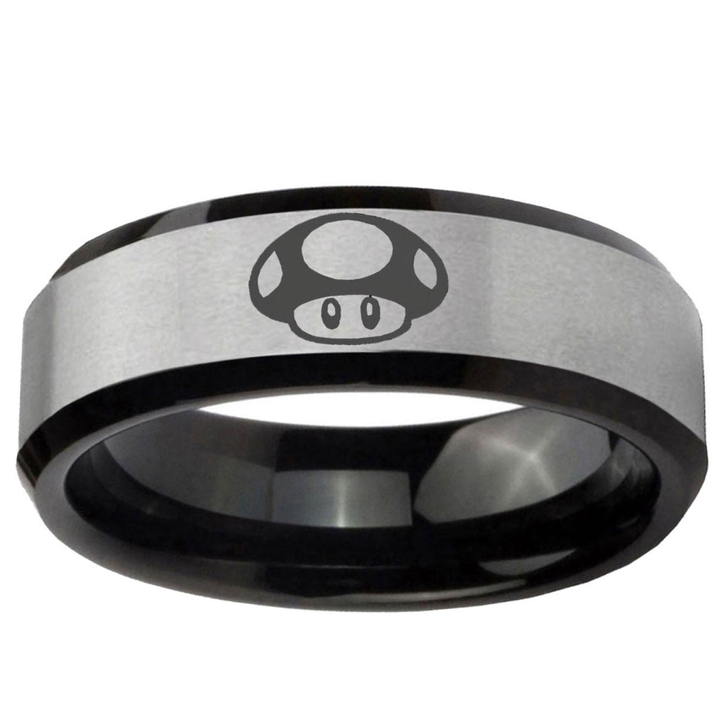 5mm Mario Mushroom Two-Tone Beveled Gray Black Tungsten Wedding Ring