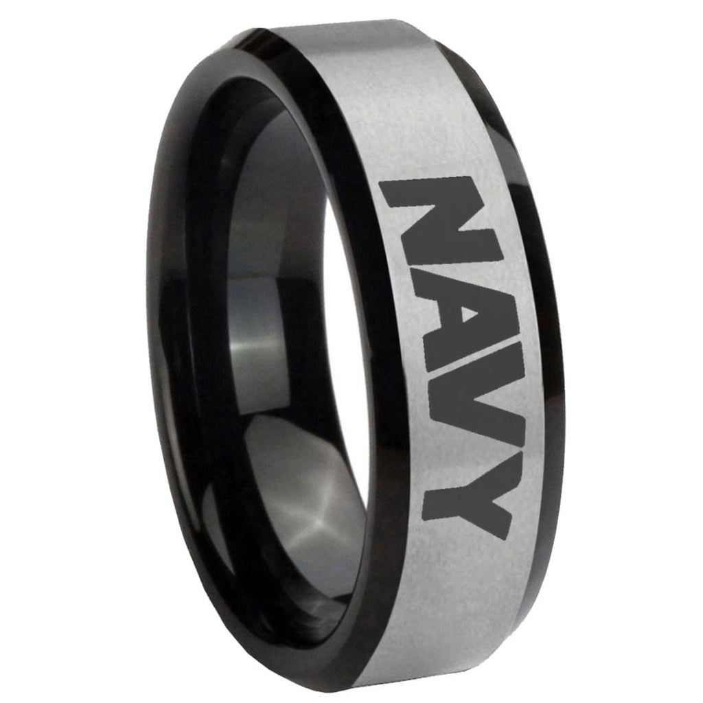 8mm Navy Two-Tone Beveled Gray Black Tungsten Wedding Ring
