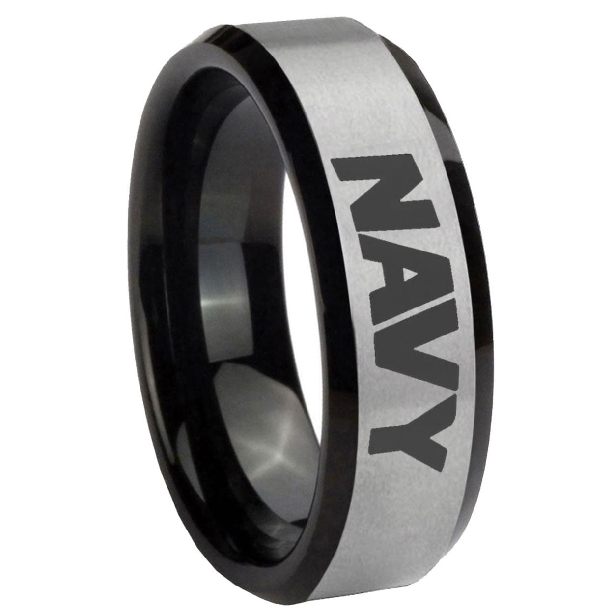 10mm Navy Beveled Edges Brushed Silver Black Tungsten Carbide Anniversary Ring