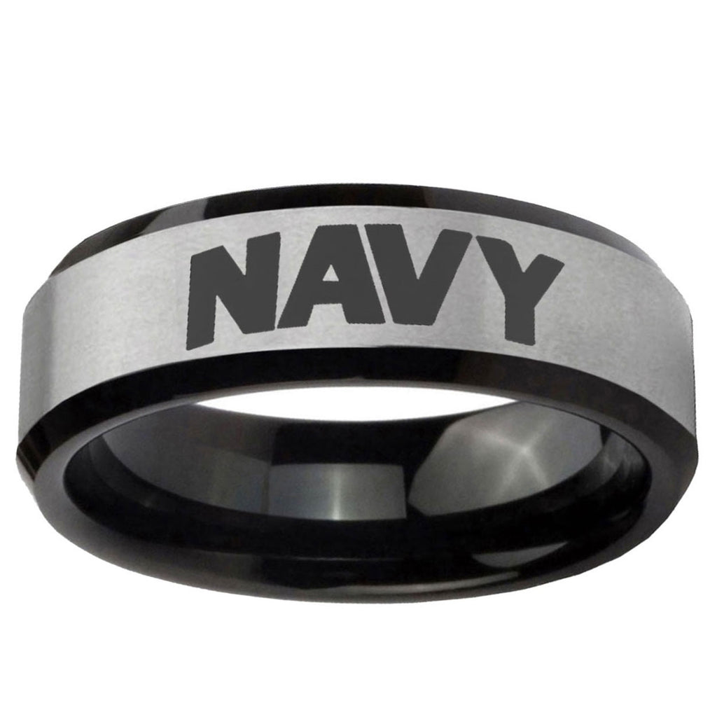 10mm Navy Beveled Edge Brushed Silver Black Tungsten Ring