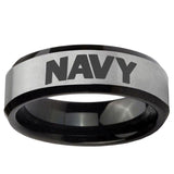 5, 8mm Navy Beveled Edge Brush Black 2 Tone Tungsten Ring