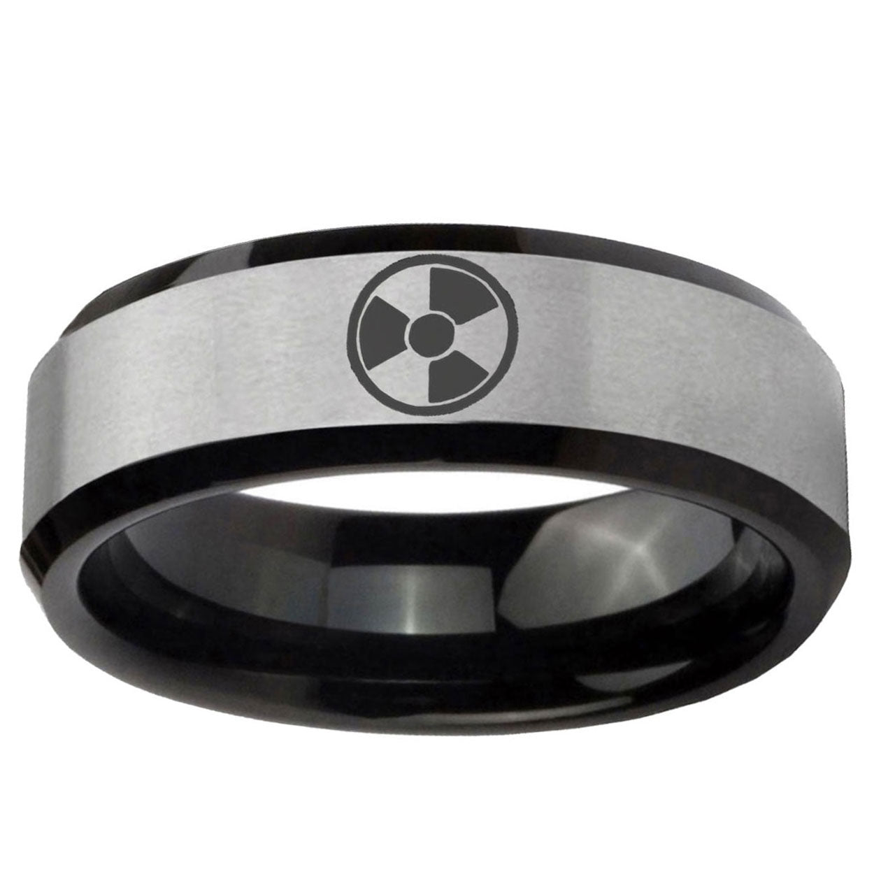 10mm Radiation Beveled Edge Brushed Silver Black Tungsten Carbide Promise Ring