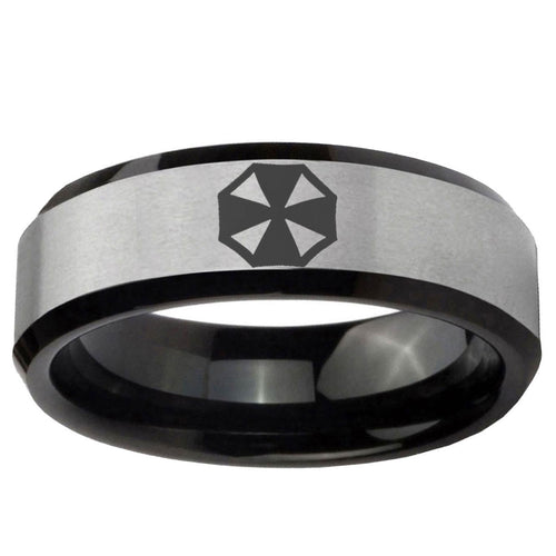 10mm Resident Evil Beveled Brushed Silver Black Tungsten Mens Promise Ring