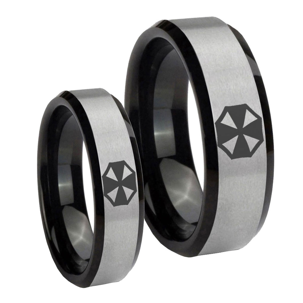 Resident Evil Beveled Brush Black 2 Tone Tungsten Couple Wedding Bands