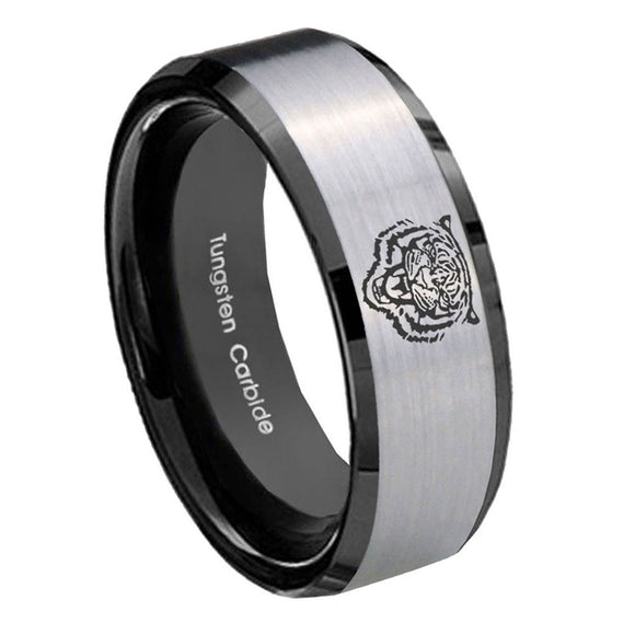 10mm-Lion-Beveled-Brushed-Silver-Black-Tungsten-Custom-Mens-Ring