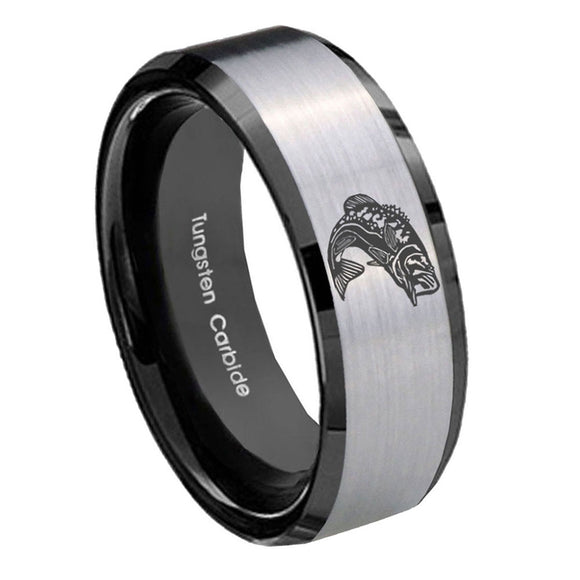 10mm-Fishing-Beveled-Brushed-Silver-Black-Tungsten-Custom-Mens-Ring