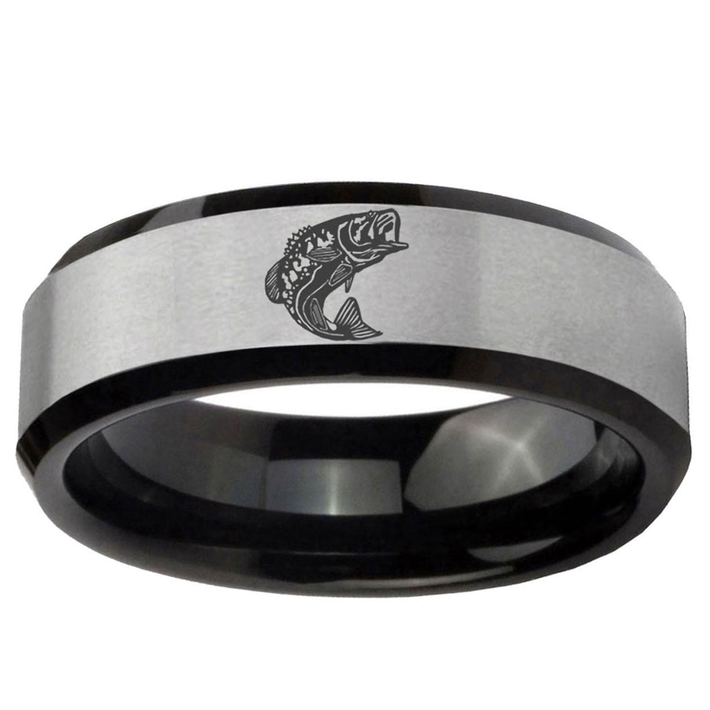 10mm Fishing Beveled Brushed Silver Black Tungsten Ring