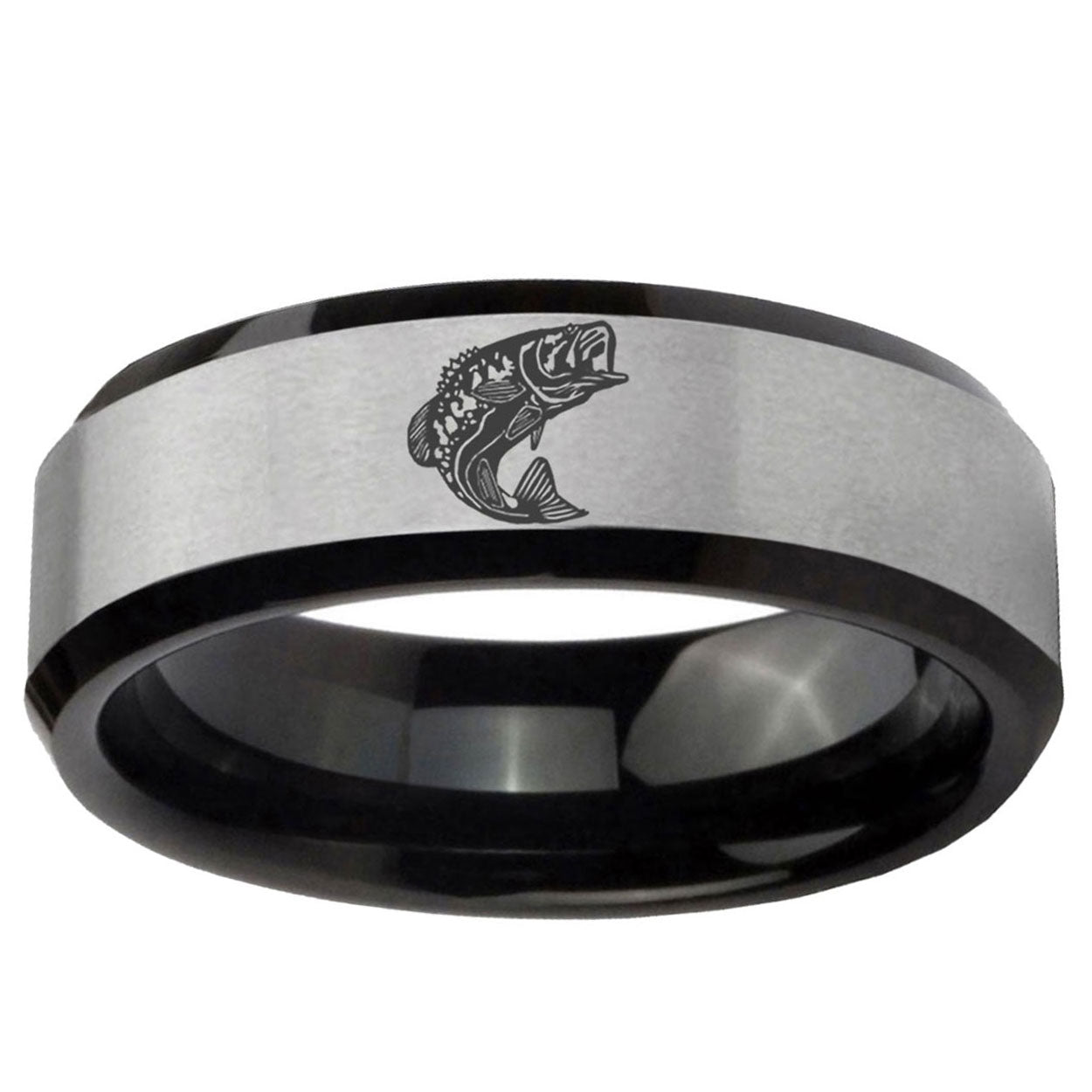 10mm Fishing Beveled Brushed Silver Black Tungsten Ring