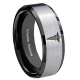 10mm-Medical-Symbol-Beveled-Brushed-Silver-Black-Tungsten-Custom-Mens-Ring