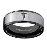 10mm-Medical-Symbol-Beveled-Brushed-Silver-Black-Tungsten-Custom-Mens-Ring