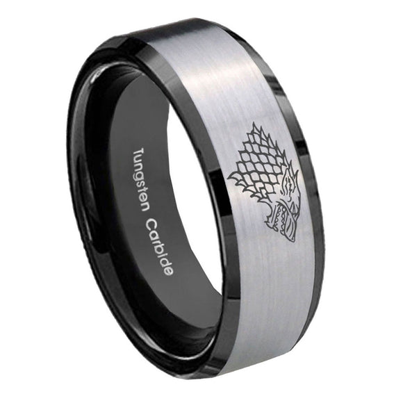 10mm-Game-Of-Thrones-House-Stark-Direwolf-Beveled-Brushed-Silver-Black-Tungsten-Custom-Mens-Ring