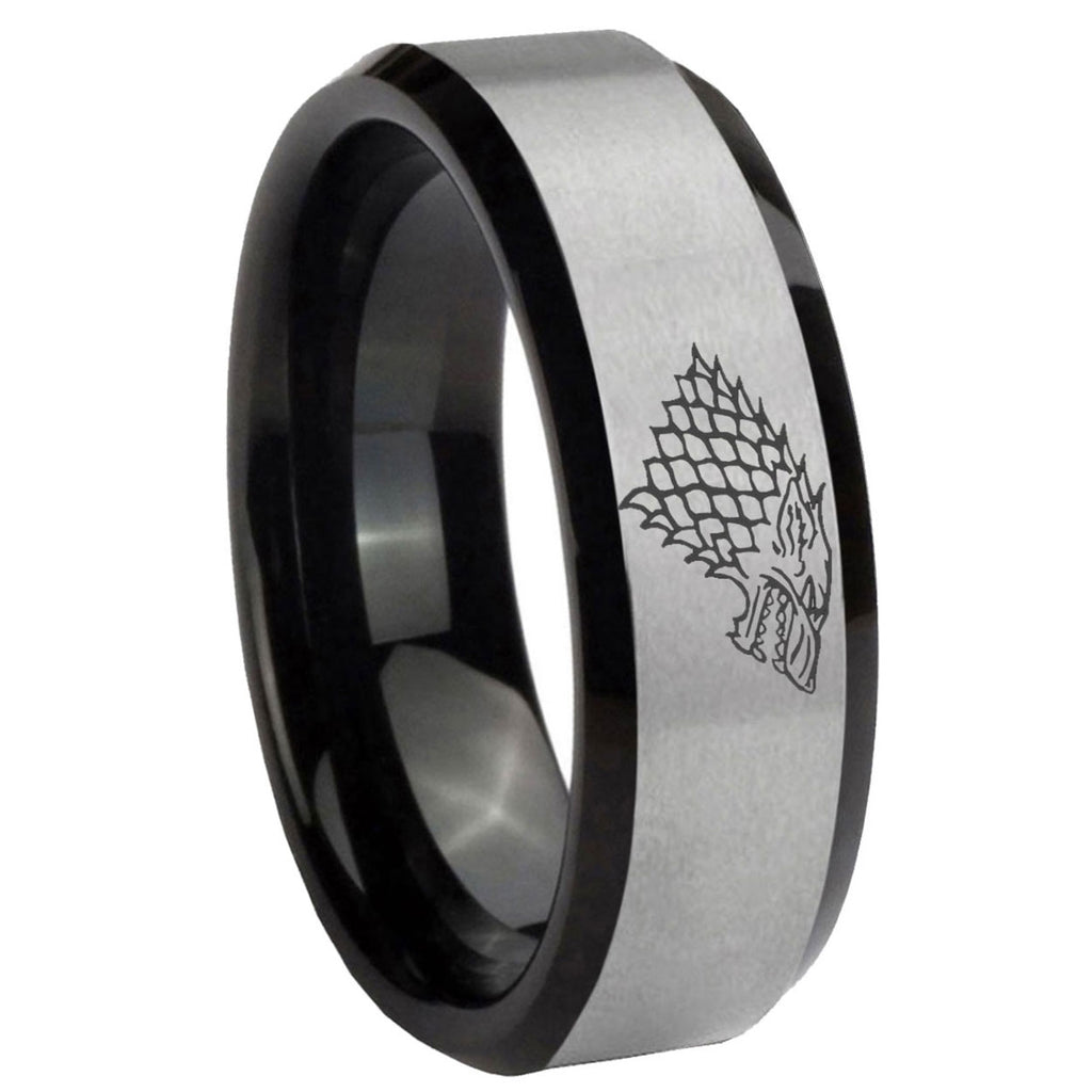 10mm Game Of Thrones House Stark Direwolf Beveled Brushed Silver Black Tungsten Custom Mens Ring