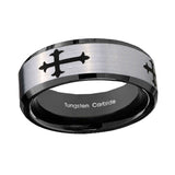 8mm-Christian-Cross-Religious-Beveled-Brush-Black-2-Tone-Tungsten-Wedding-Engraving-Ring
